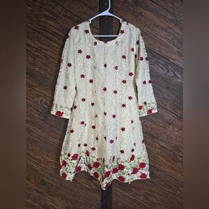 VNTG Handmade Embroidered Organza Dress — Pearl Trim & Red Roses — One-of-a-Kind